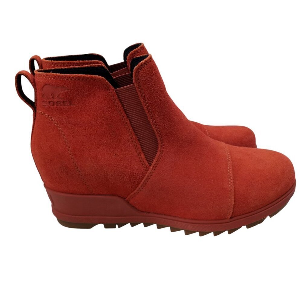 Sorel Evie Pull On Suede Wedge Boots Booties Size 8.5 Warp Red Ankle Chelsea - Picture 13 of 14